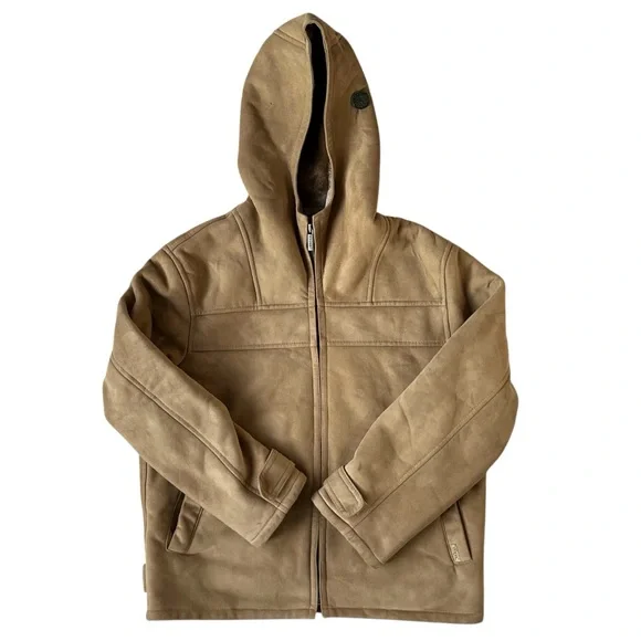 Guess Jeans Vintage Coat Faux Shearling Hooded Jacket Retro Sherpa - Picture 2 of 13